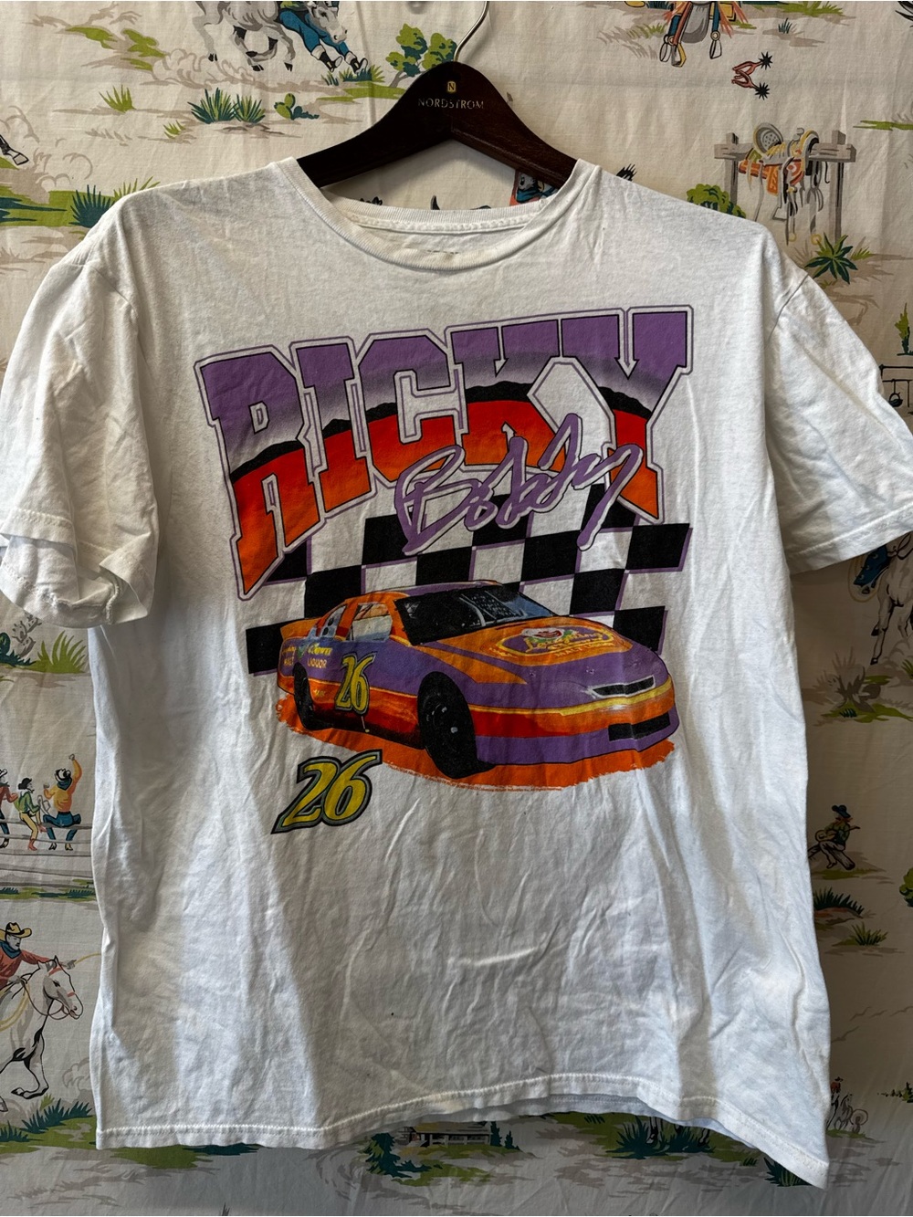 Ricky Bobby Graphic Racing Tee - White with Purple & Orange- size large